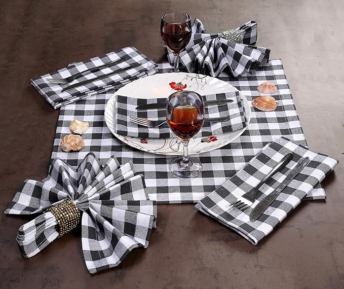 Cotton Dinner Napkins Set of 12 – 18"x18" Gingham Plaid Check, 100% Cotton, Washable Fabric Napkins with Mitered Corners & Generous Hem – Wedding & Cocktail Napkins