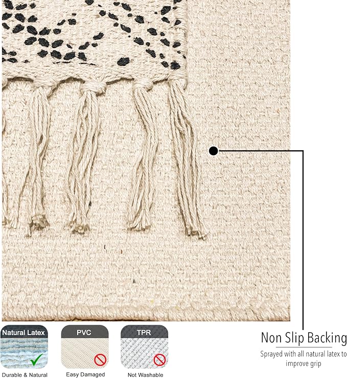 Chardin home Boho Diamond Rug, 20x32 Inches, Ivory and Black Bohemian Chic Throw Rug with Hand Woven Fringes, Perfect for entryway, Doormat, hallways, Kitchens