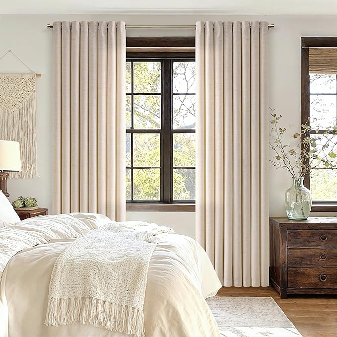 Oatmeal Linen Curtains 96 Inch Length 2 Panels Set Light Filtering Semi Sheer Grommet Drapes Thick Linen Privacy Floor to Ceiling Length Curtain Living Room 8ft