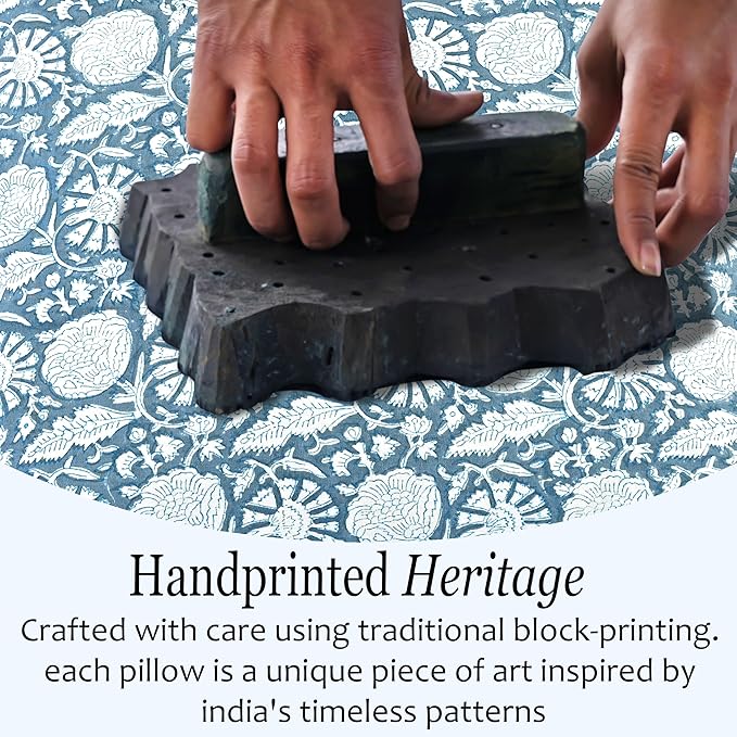 CPC Blue Meadow Hand Block Print 100% Cotton Ruffle Throw Pillow Cover 24x24 inch with Hidden Zipper Decorative for Couch, Bed, Sofa, Farmhouse, Cottagecore Decor Gift Christmas Fall Thanksgiving