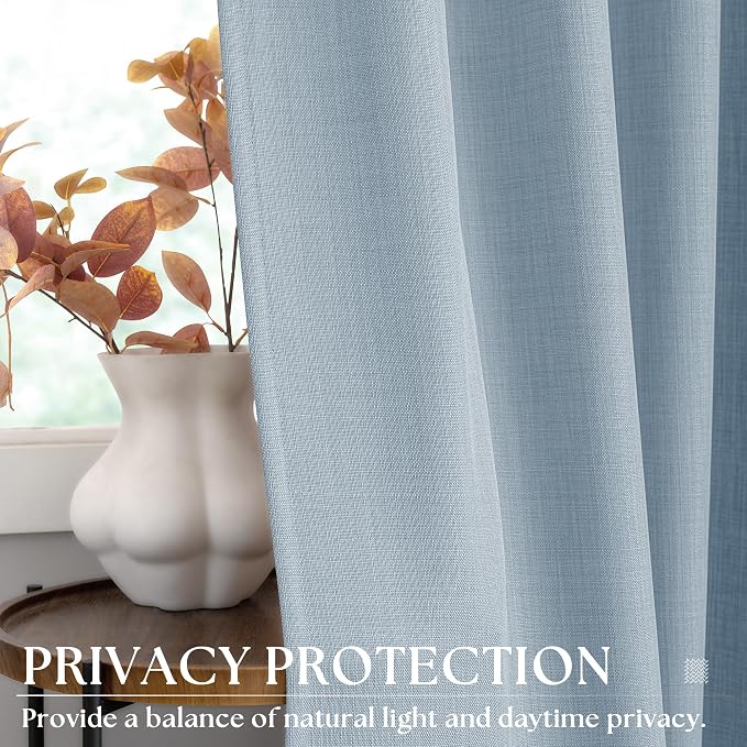 92 Inch Light Blue Curtains for Living Room Faux Linen Semi Sheer Light Filtering Privacy Bronze Grommet Modern Coastal Bohemian Bluey Curtains for Girls Kids Room 92 Inches Long 2 Panels Set