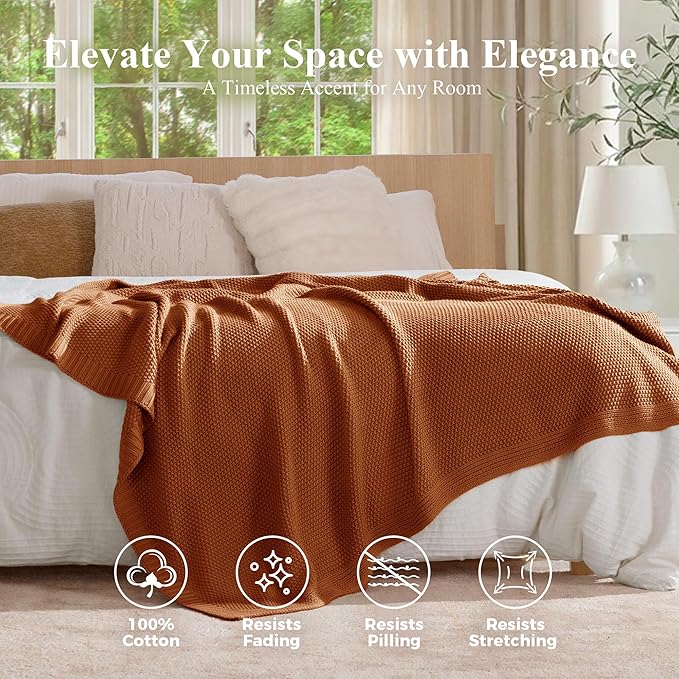100% Cotton Cable Knit Throw Blanket, Large Lightweight Soft Knit Blanket for Sofa Couch Bed, Breathable All-Season Throw, Cozy Decorative Blanket, 60 x 80 Inch,Burnt Orange