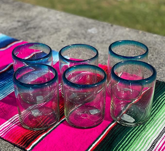 Dos Sueños Hand Blown Mexican Drinking Glasses - Set of 6 Tumbler Glasses with Aqua Blue Rims (10 oz each)