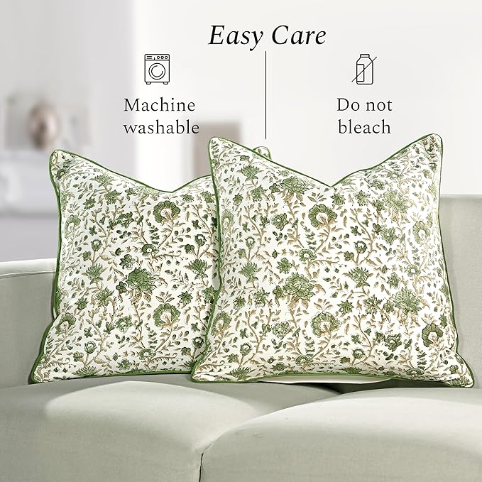 CPC Vintage Garden Green Block Print Throw Cushion Cover 18 x 18 Inch Set 2 - Decorative Boho Floral Pillow Case for Living Room, Bed, Sofa, Couch, Home Decor Gift for Spring, Mother's Day