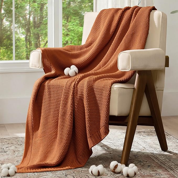 100% Cotton Cable Knit Throw Blanket, Large Lightweight Soft Knit Blanket for Sofa Couch Bed, Breathable All-Season Throw, Cozy Decorative Blanket, 60 x 80 Inch,Burnt Orange