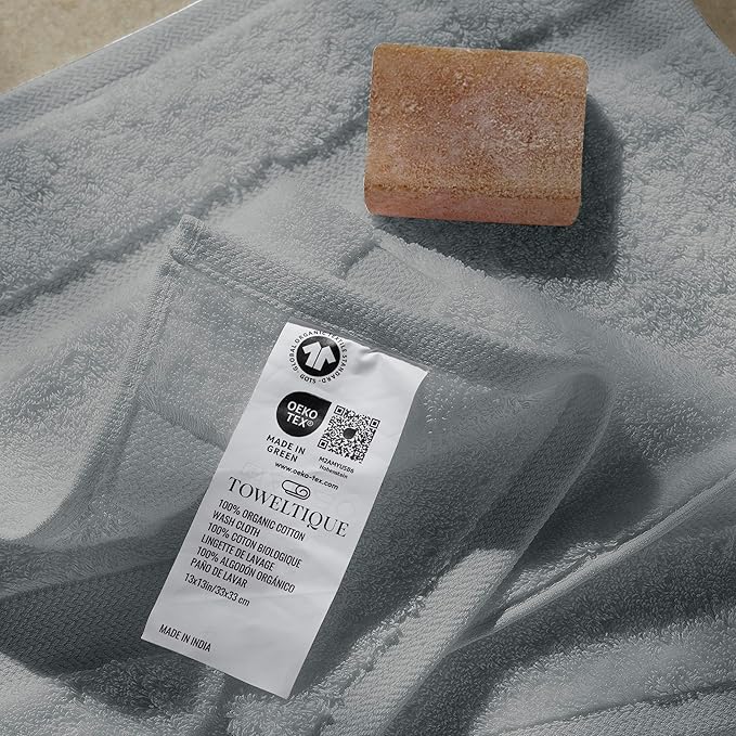 TOWELTIQUE- Organic Cotton Plush Bath Towels Pack of 6 GOTS & Oeko- TEX Certified | Premium Soft, Absorbent & Quick-Drying Towels for Bathroom, Gym, Spa & Hotel Use – Light Gray