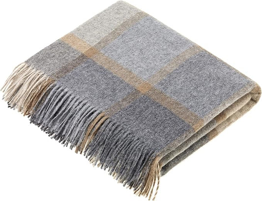 Moon Wool Plaid Throw Blanket, Merino Lambswool, Block Windowpane Beige Grey, Made in UK