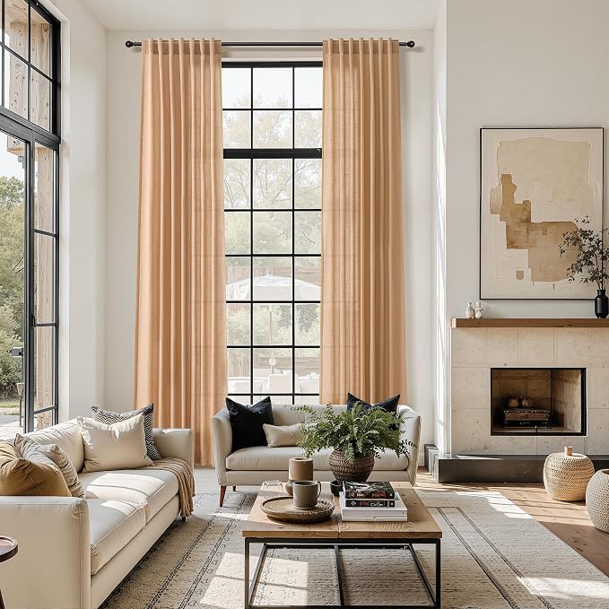 Nanspring Camel Linen Curtains for Living Room 92 Inches Long Back Tab and Rod Pocket Light Filtering Semi Sheer Vintage Rustic Curtain Luxury Boho Decor Drapes for Bedroom Office 52x92, 2 Panels