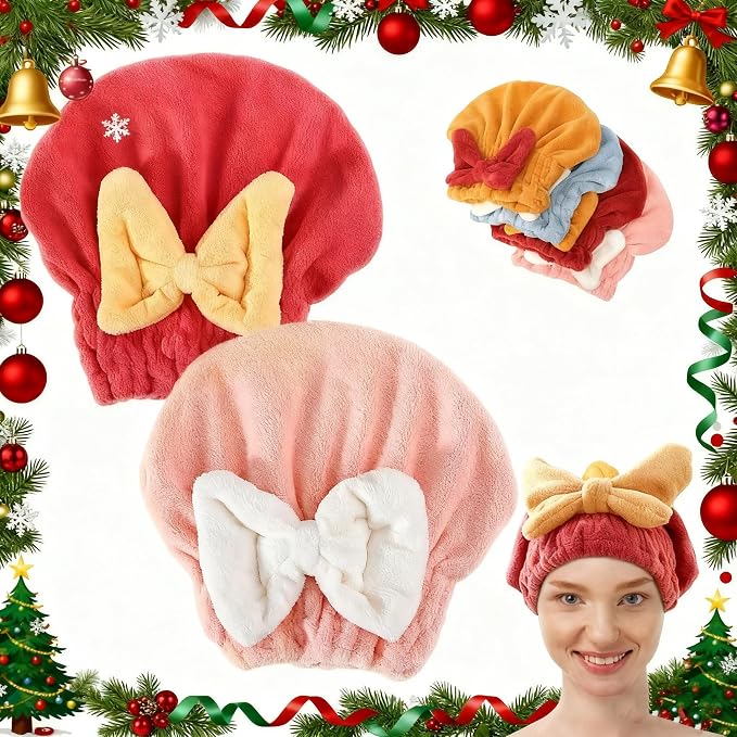 2PCS Microfiber Hair Drying Caps, Christmas Absorbent Hair Towel Wrap for Women Wet Hair Quick-Drying Hair Towels, Soft Bow Tie Wet Hair Towel Wrap for Party Favors Goody Bag Filler (Pink+Red)