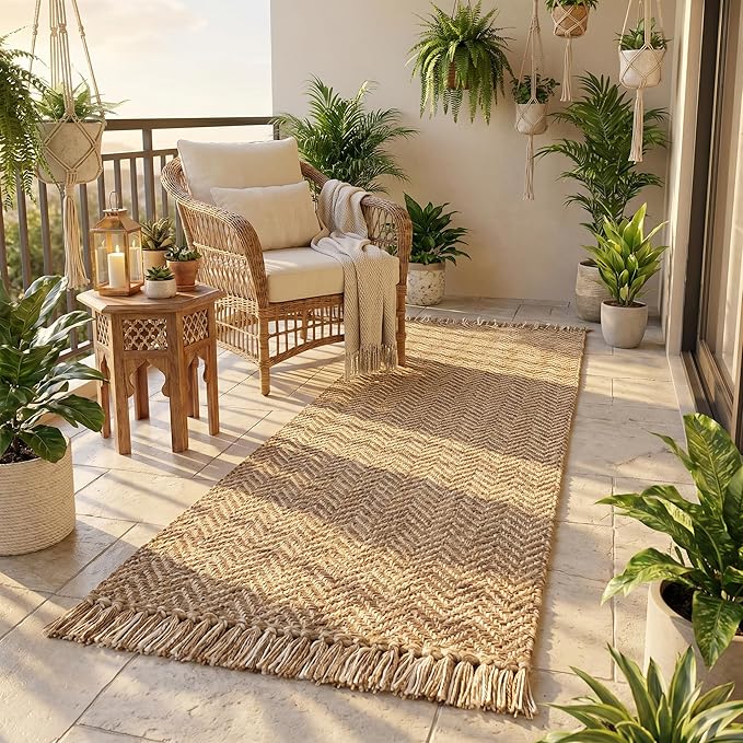 Chevron Weave with Fringes Woven Runner Rug 2x6 Feet - Beige, Boho Farmhouse Polyester Fibre Area Runners for Hallways, Kitchen, Living Room | Brown Reversible Corridor Space Large Floor Décor Mat