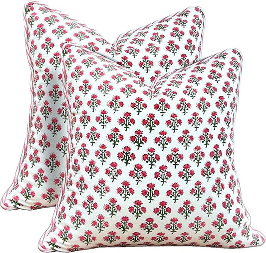 ATOSII Block Print Boho Throw Pillow Covers, 18 X 18, Set of 2, Decorative Couch Pillows for Living Room, 100% Cotton Canvas Acccent Pillows, Christmas Thanksgiving Fall Preppy Throws - Gulbahar Pink