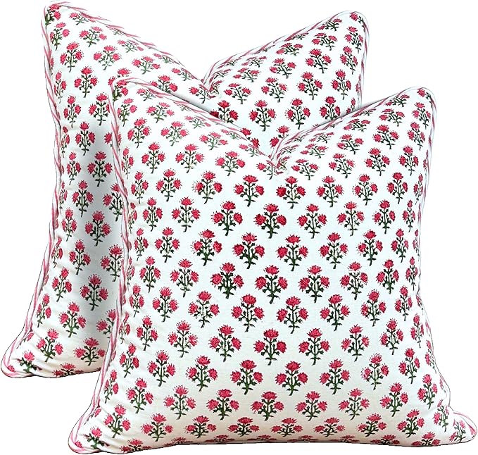 ATOSII Block Print Boho Throw Pillow Covers, 20 X 20, Set of 2, Decorative Couch Pillows for Living Room, 100% Cotton Canvas Acccent Pillows, Christmas Thanksgiving Fall Preppy Throws - Gulbahar Pink