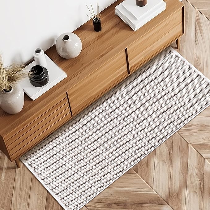 Cotton Chalk Stripe Woven Runner Rug 2x6 Feet - Grey Beige, Reversible Boho Large Area Runners Ideal for Hallways, Bedroom, Kitchen, Living Room | Nursery Space Farmhouse Washable Home Floor Décor Mat