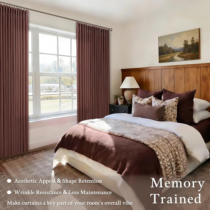 Chestnut Brown Thick Linen Pinch Pleated Curtains 96 Inch Length 2 Panels Set 8 ft Rust Brown Boho Country Light Filtering Pleat Curtain 50 Inch Wide Back Tab Window Drapes for Dining Room Bedroom