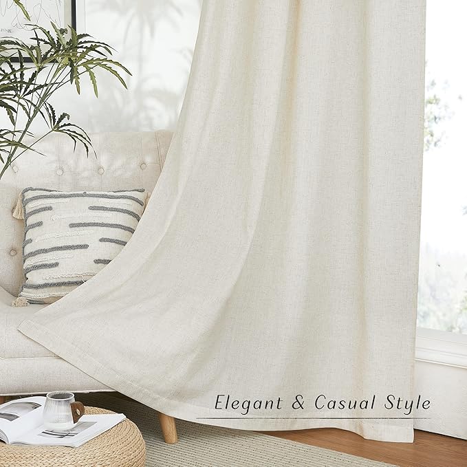 NICETWON Natural Linen 96 inch Curtains for Bedroom, Rod Pocket & Back Tab Semi Sheer Window Treatments Light Filtering Drapes Privacy for Farmhouse, W55 x L96, 2 Panels