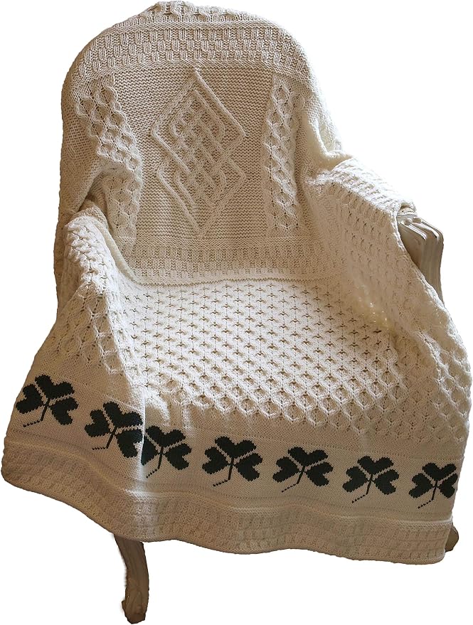 Aran Crafts Shamrock Couch 100% Merino Wool Throw Blanket 50"x60" (SHAM-THR-NAT)
