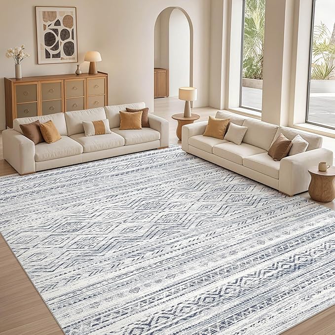 Tortania Area Rug Living Room Rugs- 12x15 Washable Large Soft Neutral Boho Moroccan Bohemian Farmhouse Rug Indoor Floor Carpet for Bedroom Under Dining Table Home Office Decor - Dark Blue