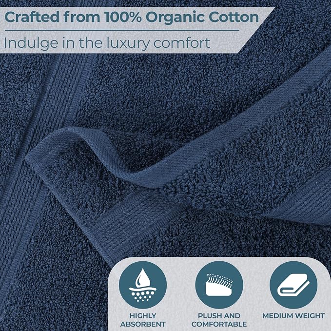 Superior 100% Organic Cotton Hand Towel Set of 6, Daily Use for Bathroom, Kitchen, Guest Bath, Quick Dry Small Towels, Face, Hand, Gym, Spa, Hotel, Absorbent, Essentials, Oregon Collection, Navy Blue