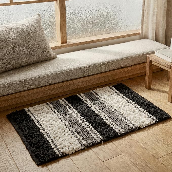 Chenille Cotton Bath Rug 20x32 Inch - Charcoal, Non-Slip Absorbent Quick Dry Floor Mat Ideal for Bathroom, Kitchen, Laundry Room | Grey Washable Accent Soft Shaggy Throw Door Mats for Entryway, Patio