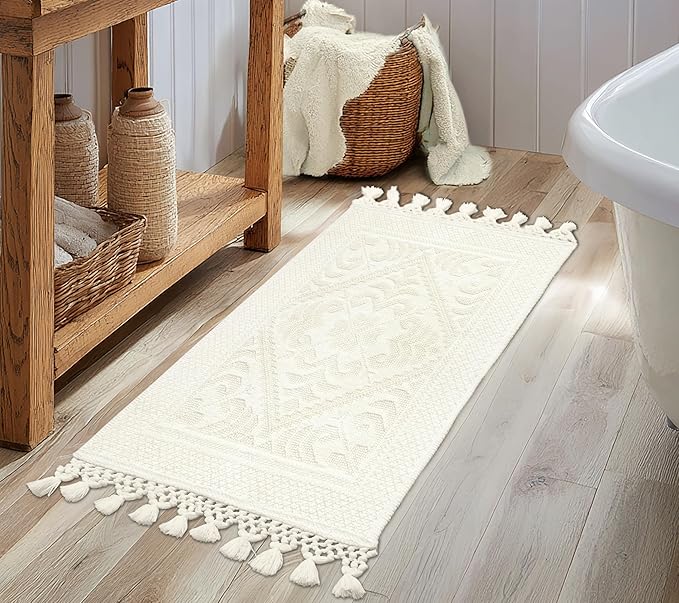 COTTON CRAFT Woven Area Rug - 2 Pack Cotton Jacquard Textured Rug - Boho Farmhouse Rustic Throw Rug with Fringe - Machine Washable Accent Mat for Bedroom Living Room Entryway Nursery - 20x32 - Ivory
