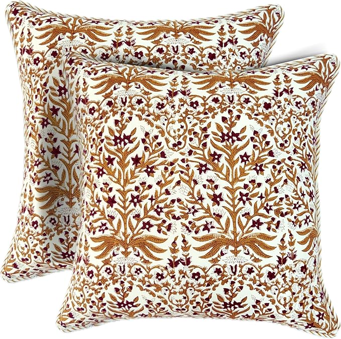 ATOSII Block Print Boho Throw Pillow Covers, 20 X 20, Set of 2, Decorative Couch Pillows for Living Room, 100% Cotton Canvas Acccent Pillows, Christmas Thanksgiving Fall Preppy Throws - Nargis Cider