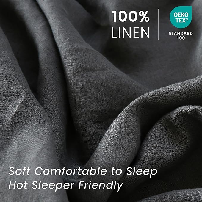 100% French Linen Pillowcases with Embroidery - Pack of 2 - Washed Solid Color Natural Flax Soft Breathable - Dark Grey, 20'' x 40''