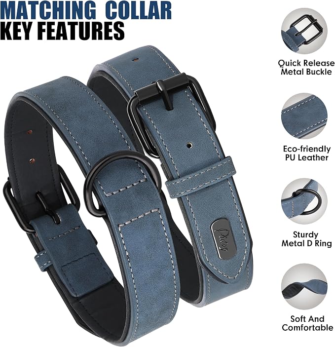 Didog Soft Padded Leather Dog Collar and Leash Set, Adjustable Dog Leash and Collar Set with Metal Buckle, Breathable Dog Collars with 4FT PU Leather Dog Leash for Medium Large Dogs, Blue, L