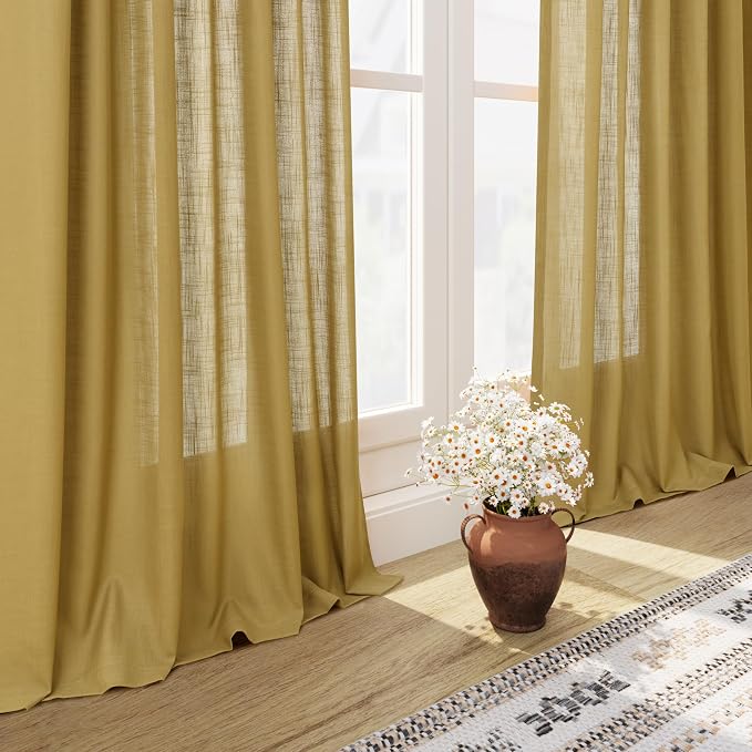 Nanspring Gold Linen Curtains 84 Inch Length 2 Panels Set for Living Room Rod Pocket Back Tab Light Filtering Window Drapes for Bedroom Dining Room Protect Privacy Modern Farmhouse Decor 52x84