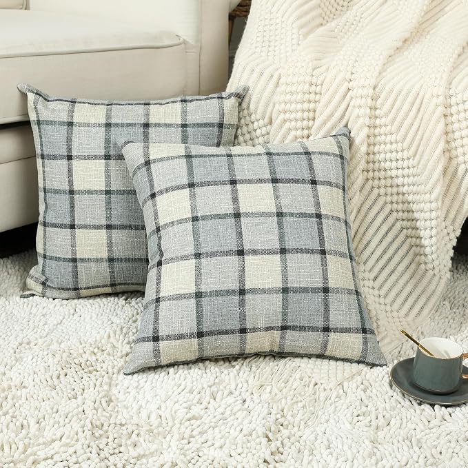 Stellhome Pack of 2 Faux Linen Buffalo Check Throw Pillow Covers, Farmhouse Plaid Decorative Cushion Covers for Couch Sofa Living Room, 26x26 Inch, Light Grey