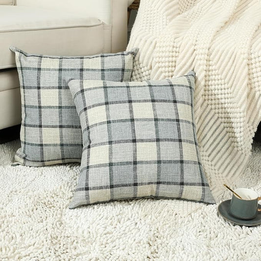 Stellhome Pack of 2 Faux Linen Buffalo Check Throw Pillow Covers, Farmhouse Plaid Decorative Cushion Covers for Couch Sofa Living Room, 22x22 Inch, Light Grey