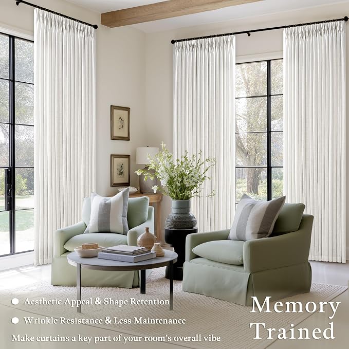 92 Inch Pinch Pleated Beige White Semi Sheer Curtains Light Filtering Neutral Boho Farmhouse Linen Curtains Rings Hooks for Living Room Bedroom Office Ivory Window Drapes 92 Inch Length 2 Panels Set