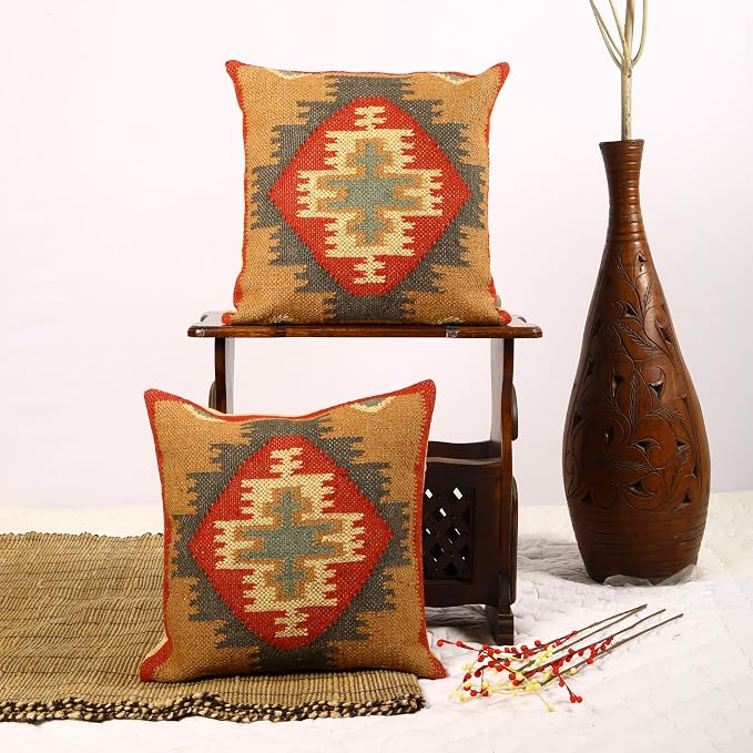 Trade Star Set of 2 Throw Pillow Covers Handloomed Rug Decorative Cushion case 70% Jute 30% Wool Desinger Handwoven Pillowcase Kilim Cushion Covers 18x18 Inches (Kilim 13)