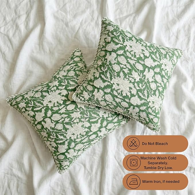 ATOSII Block Print Throw Pillow Covers, 18 X 18 - Set of 2, Decorative Couch Pillows for Living Room Bed Sofa, 100% Cotton Canvas Pillow Case for Home Decor & Outdoors, Preppy Throws - Meraki Green
