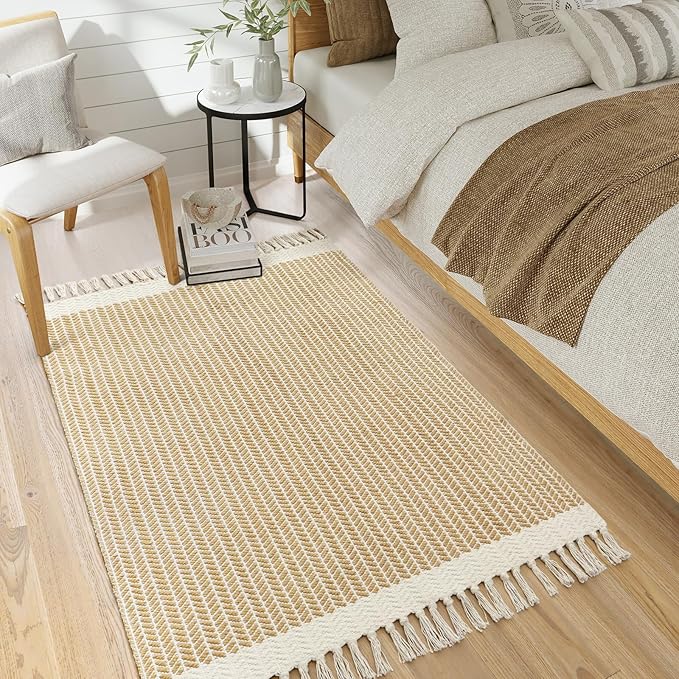 Lahome Belle Boho Rugs for Bedroom, 3x5 Bathroom Rug Lightweight Farmhouse Woven Area Rug with Tassels, Throw Rugs Washable Kitchen Rug Non Shedding Indoor Door Mats for Entryway Living Room, Khaki