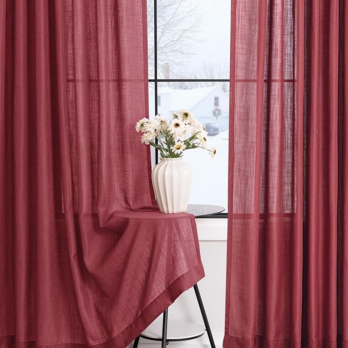 Burgundy Curtains for Living Room Back Tab Modern Farmhouse Semi Sheer Burgundy Curtains 108 inches Long 2 Panels Set Muted Neutral Window Curtain for Dining Room Bedroom 52x108