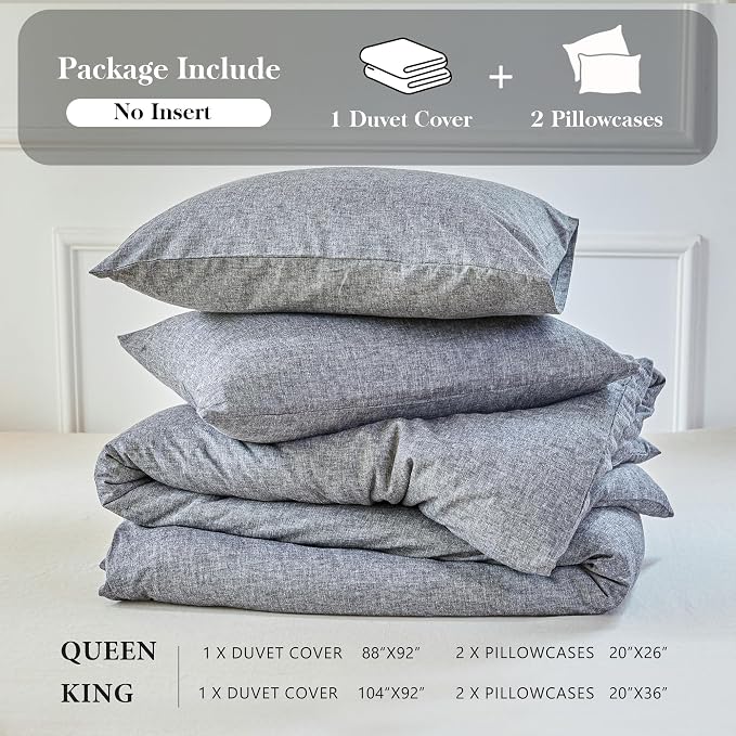 Simple&Opulence Linen Duvet Cover Set King Size - French Linen Cotton Woven Blend in Dark Grey, 3 Pieces (1 Comforter Cover 104x92” + 2 Pillowcases), Soft & Breathable All-Season Farmhouse Bedding