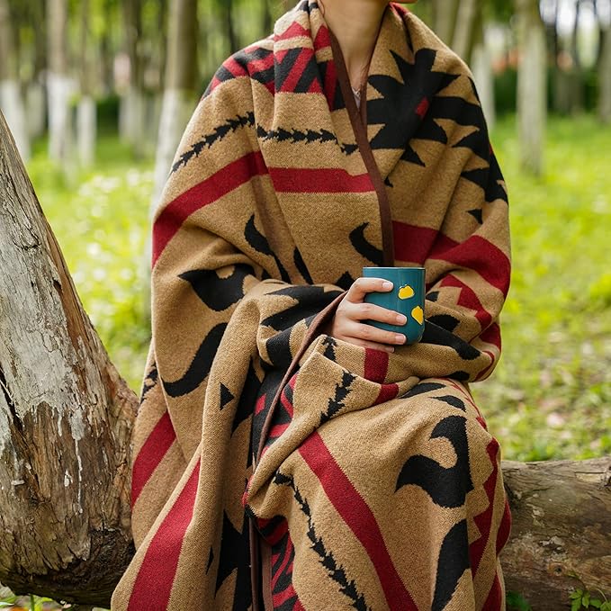 PuTian Merino Wool Blanket - Warm, Thick, Washable, 87" x 63" Large Throw for Outdoors, Camping, Couch, Bed, Travel - Super Soft Striped Fire Light Tan