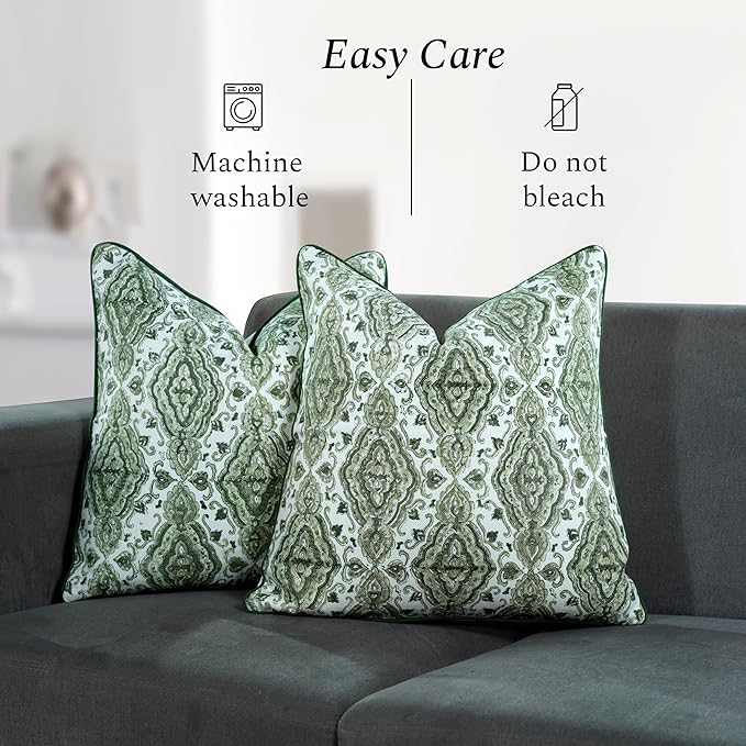 CPC Laurel Green Block Print Throw Cushion Cover 18 x 18 Inch Set 2 - Decorative Boho Floral Pillow Case for Living Room, Bed, Sofa, Couch, Home Decor Cushion Cover Gift for Spring, Mother's Day