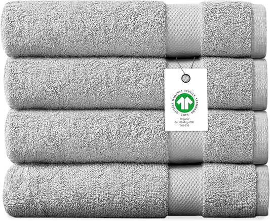 Organic Cotton Luxuriously Plush Bath Sheet Pack of 4 | GOTS & OEKO-TEX Certified | Premium Hotel Quality Towels | Feather Touch Technology|650 GSM Long Staple|Soft, Quick Dry & Ultra-Absorbent