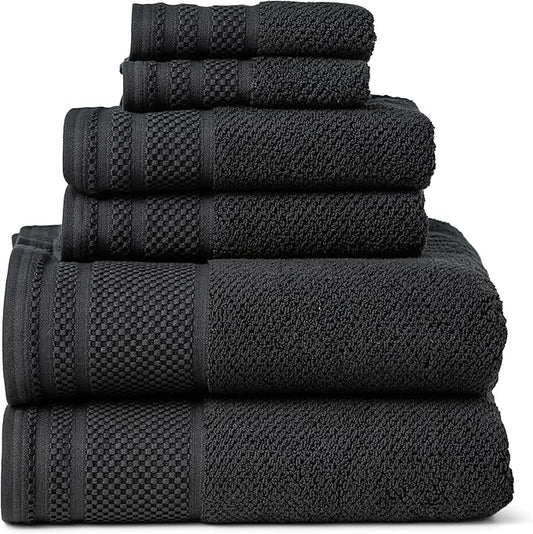 Texere 100% Organic Cotton Rice Weave Jacquard 700 GSM Luxury Bath Towel Sets - Spa Quality Bath Towels, Hand Towels, Washcloths (Rice Weave, Black, 6 Piece)