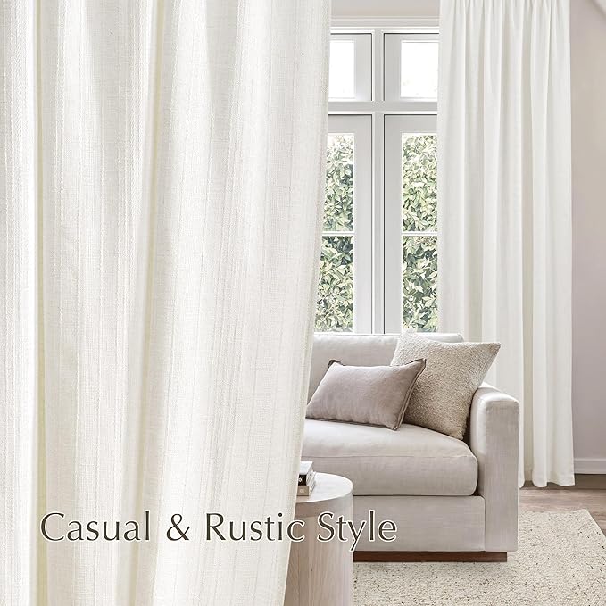 NICETOWN Natural Linen 90 inch Curtains Boho Style, Jacquard Weave Waffle Pattern Privacy Light Filtering Drapes for Farmhouse/Living Room, W52 x L90, 2 Panels