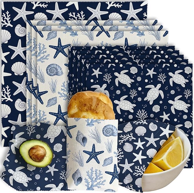 Reusable Beeswax Wraps, 9 Pack Eco-Friendly Food Storage, Organic, Sustainable, Zero Waste, Plastic-Free, Sandwich, Bowl, Fruit, 1XL, 3M, 5S, Navy Blue Turtle Starfish Coral Shell Pattern