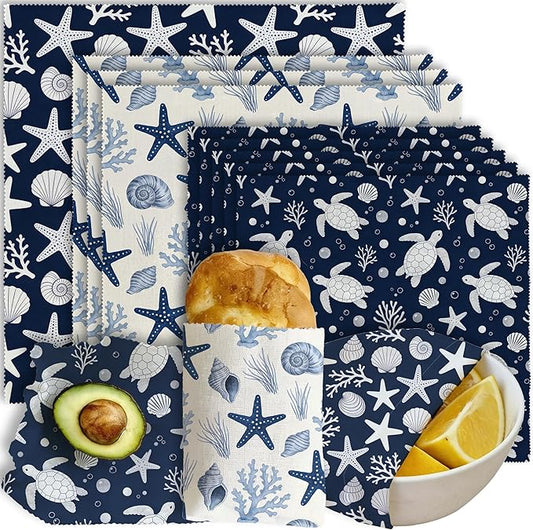 Reusable Beeswax Wraps, 9 Pack Eco-Friendly Food Storage, Organic, Sustainable, Zero Waste, Plastic-Free, Sandwich, Bowl, Fruit, 1XL, 3M, 5S, Navy Blue Turtle Starfish Coral Shell Pattern