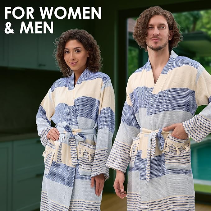 ATANI 100% Turkish Cotton Bathrobe S-XXL for Women & Men – Peshtemal Style Soft Cozy Lounge Robe, Absorbent & Lightweight