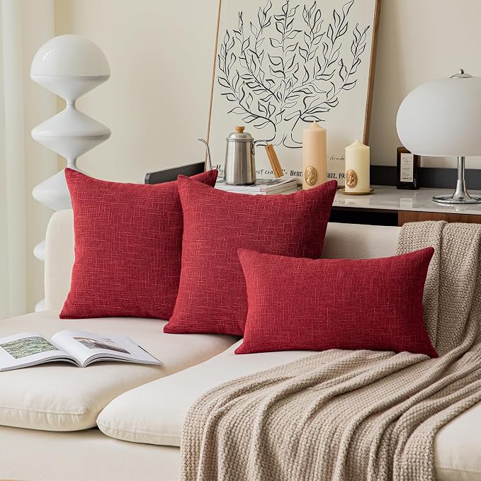 Kevin Textile Christmas Farmhouse Faux Linen Decorative Throw Pillow Case Cushion Cover Pillowcase for Sofa 18 x 18 Inch/45cm x 45cm, Set of 2, Red