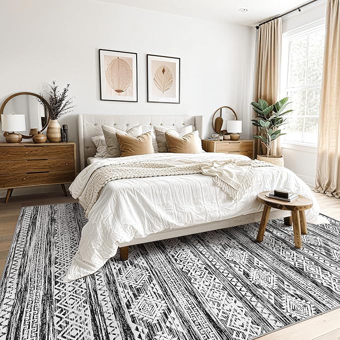 Tortania Area Rug Living Room Rugs - 10x14 Washable Large Soft Neutral Boho Moroccan Bohemian Farmhouse Rug Indoor Floor Carpet for Bedroom Under Dining Table Home Office Decor - Black White
