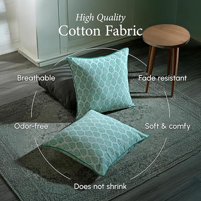 CPC 100% Cotton Throw Pillow Covers 24x24 Inch, Set of 2 Green Block Print Pattern Couch Pillow, Cute Boho Decorative Pillows for Living Room, Bedroom with Hidden Zipper- Sea Green