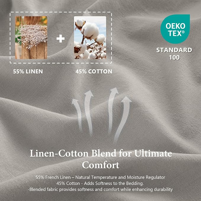 QKTE French Linen Duvet Cover Set, 3 PCS Natural French Flax Light Grey Duvet Cover Queen Size, Breathable Soft Comfy Linen Bedding Comforter Cover with 2 Pillowcases(Light Grey, 88" x 92")