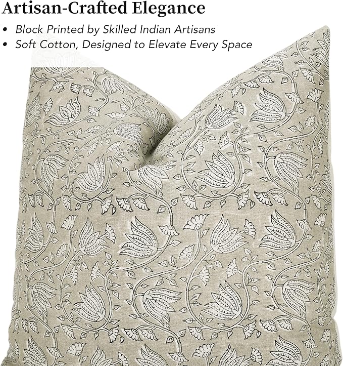 Hand-block printed, artisan-made neutral accent throw cushion cover- Thick cotton cushion for sofa, bed, chair, home decor, gifting, spring vibe, boho, indoor- Natalie (Tan Beige, 20" x 20")