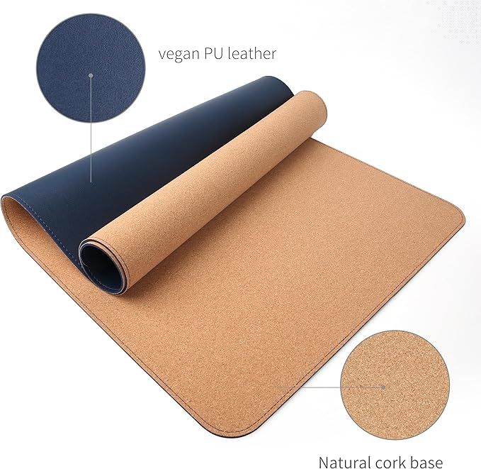 RENMTURE Dual-Sided Mouse Pad, Natural Cork & PU Leather Large Desk Pad for Office and Home Work, Desk Protector Non-Slip, Waterproof, Easy Clean (Dark Blue, 32"x16")